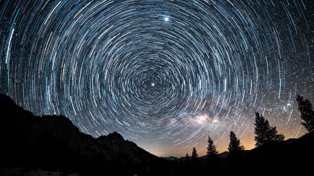 Long exposure time lapse of captivating star trails swirling around Polaris with a distant galactic glow in the deep night sky over a dark landscape