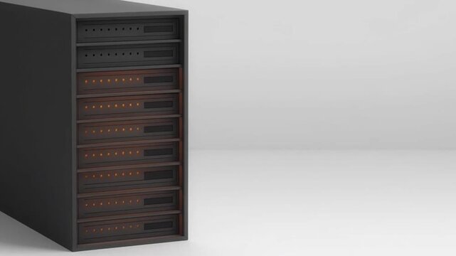 Modern server rack tower with glowing status lights showing data processing activity.