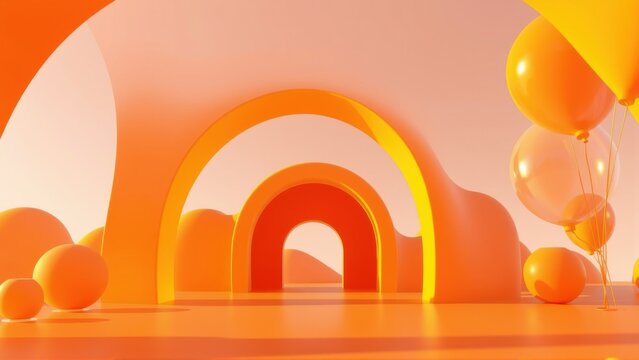Minimalist scene. Orange arches, spheres, balloons create abstract composition. Soft lighting, warm tones dominate design.