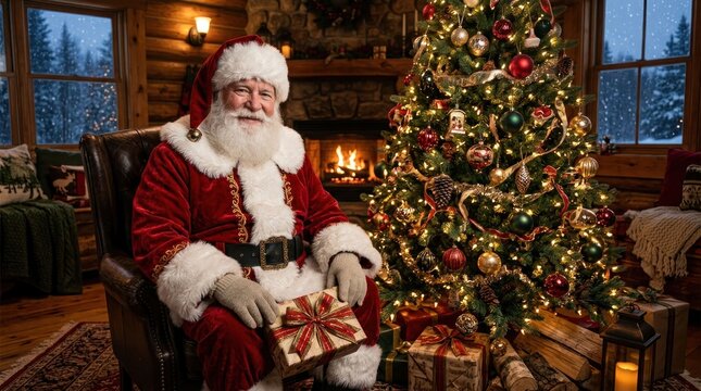 Santa Claus Sitting by a Christmas Tree with Gifts in a Cozy Cabin.