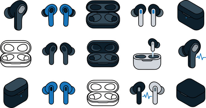 Wireless Earbuds Icon Set with Charging Case, Bluetooth Headphones, and Audio Sound Symbols for Music Apps, Tech Gadgets, and Electronics Vector Designs