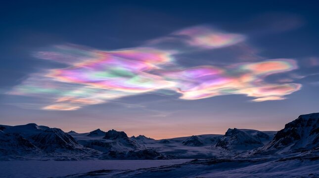 Vibrant polar stratospheric clouds glowing at twilight. Aurora-like nacreous sky over snowy mountain landscape at dusk.