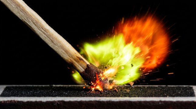 Burning match head ignites with bright orange flame. Close-up of fiery spark lighting up in high contrast dark background.