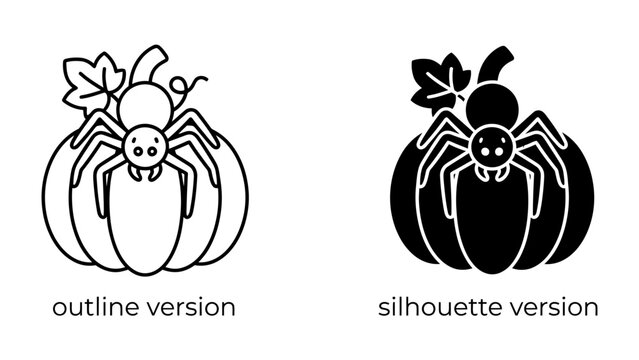 Halloween Iconography: A stylized pumpkin adorned with a spider and leaves, presented in both outline and silhouette versions, perfect for festive designs and spooky themes.