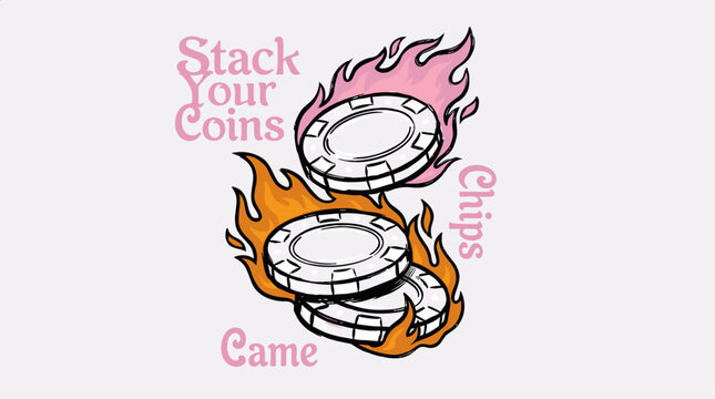 Casino chips on fire graphic. Poker game t shirt design. Burning stack artwork.