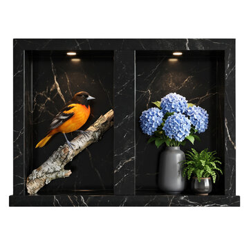 Orange oriole bird on a branch and a blue hydrangea flower vase in a black marble wall niche