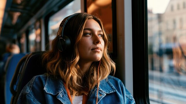 Young woman with long hair wearing headphones and denim jacket sitting by window inside moving train looking outside contemplatively during daytime travel