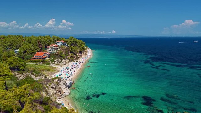 Aerial View of Fava Beach and Rocky Coastline, Sithonia, Greece