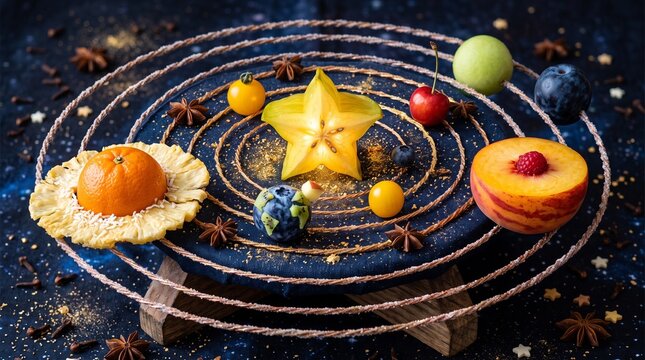 Solar system model created with fresh tropical fruits and star anise sits on a dark starry surface.