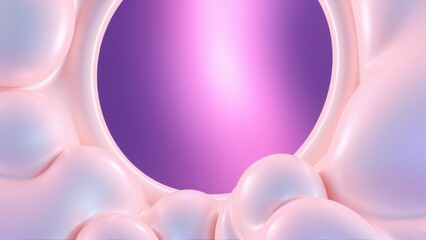 Fototapeta premium Abstract pink structure surrounds purple glowing circle. Soft shapes create futuristic tunnel effect. Minimalist design, smooth gradients.