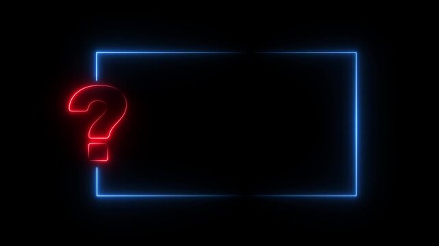 blue and red question sign on black background. quiz trivia game competition. glowing large advertisement of question box icon
