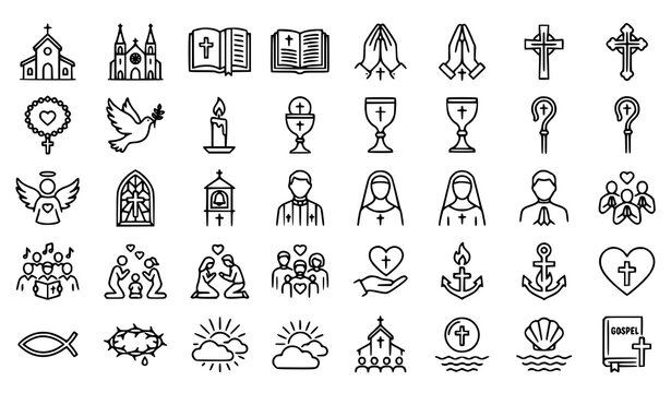 Christian Religion Line Icons Set with Church, Bible, Prayer and Cathedral Thin Black Red Outline Vector
