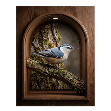 Small nuthatch bird perched on a mossy tree branch inside a decorative arched wooden frame