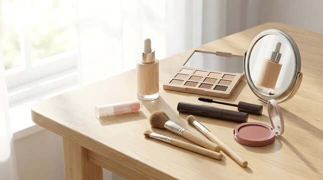 Cosmetic makeup products including brushes and eyeshadow palette on a wooden table for beauty routine. beginner makeup looks