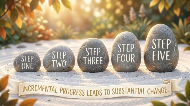 Zen Garden Steps: Five stones labeled 'Step One' to 'Step Five' on sand, symbolizing progress and achievement.