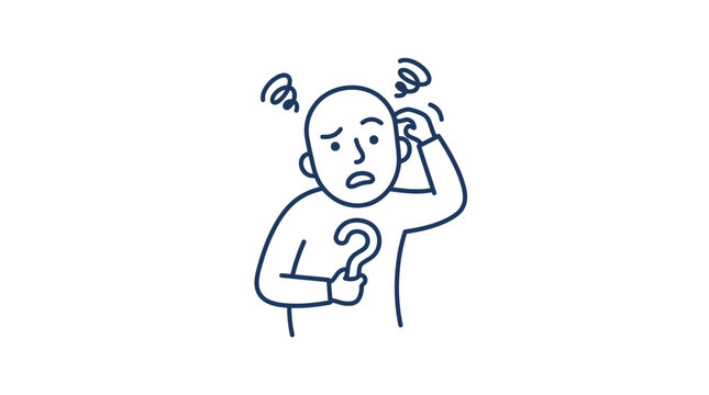Confused person scratching head with question mark, hand-drawn illustration on white background.