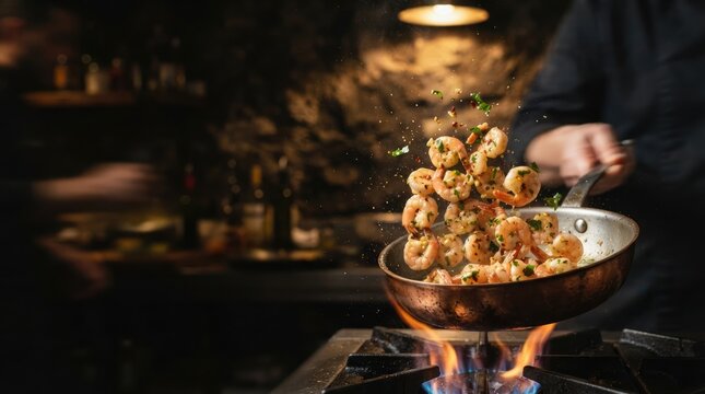 A professional chef expertly prepares a delicious gourmet dish by tossing seasoned shrimp in a copper pan over an open gas flame in a dark moody restaurant kitchen setting