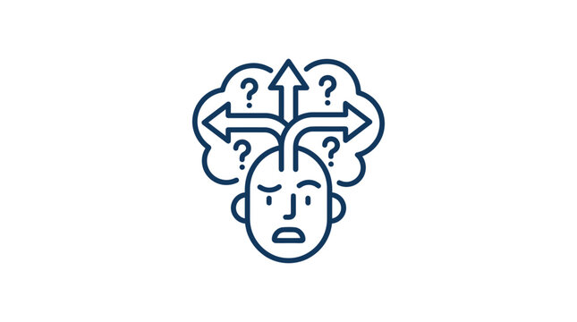 Confused Person with Question Marks and Multiple Arrows Representing Decision Making