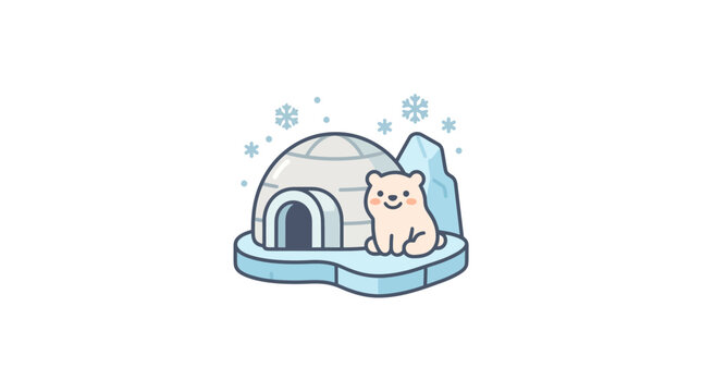 Cute cartoon polar bear sitting next to an igloo and iceberg in winter snow and snowflakes.
