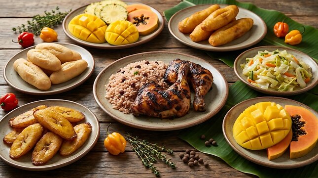 Caribbean food spread with jerk chicken rice and peas fried plantains mango and tropical fruits on wood table. Jamaican Cuisine