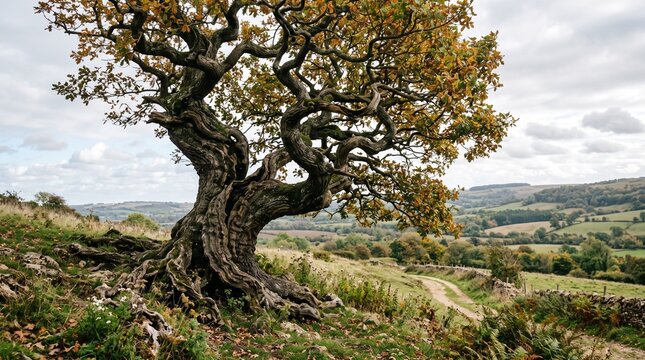 Gnarled ancient oak tree with golden autumn leaves on grassy hillside overlooking rolling rural landscape, English countryside photography.