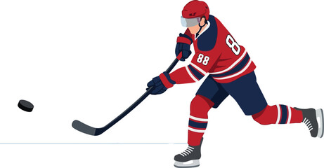 Ice hockey player shooting puck, professional athlete in red and blue uniform number 88, dynamic sports action vector illustration © Ansab