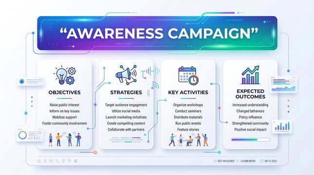 Comprehensive awareness campaign strategy infographic featuring objectives strategies key activities and expected outcomes for effective public engagement planning