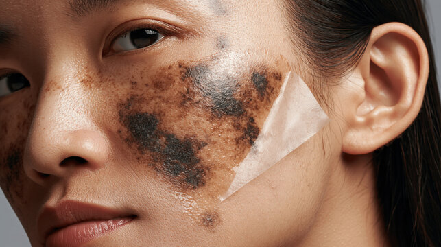 Asian woman face close up skin hyperpigmentation cheek melasma patch acne scar mark skincare treatment beauty concept sensitive skin dermatology issue facial imperfection
