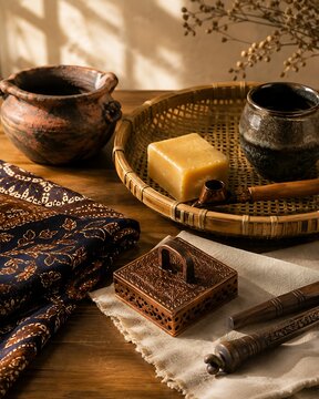 Premium Indonesian artisan craft still life with traditional batik stamp
