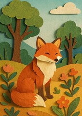 Fototapeta premium Whimsical fox paper art wallpaper