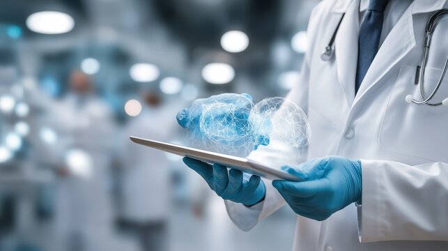 Closeup of doctor hands wearing gloves holding a digital tablet showing medical scans, hospital background