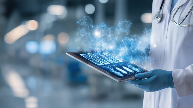 Closeup of doctor hands wearing gloves holding a digital tablet showing medical scans, hospital background