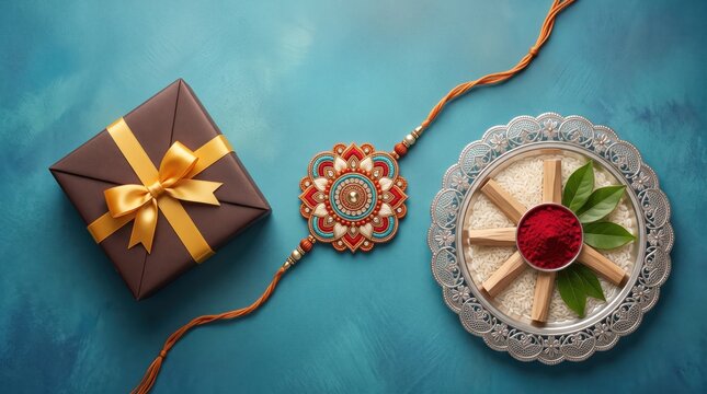 Traditional rakhi bracelet with gift box and silver plate containing rice and red vermilion powder raksha bandhan