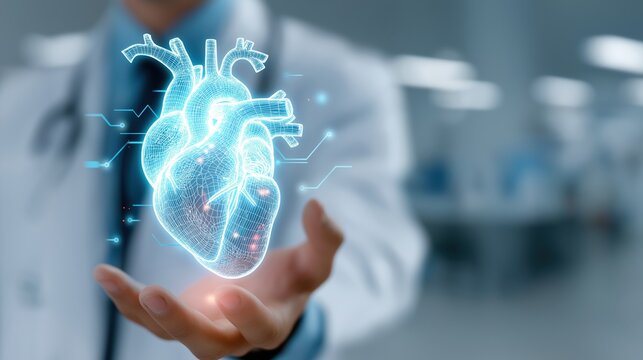 Closeup of doctor holding a glowing heart icon hologram, high-tech concept