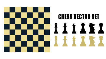 Chess vector set with board and classic pieces including king queen rook bishop knight pawn isolated graphic elements for strategy game design. © AeRo Badger