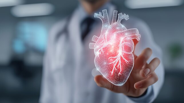Closeup of doctor holding a glowing heart icon hologram, high-tech concept