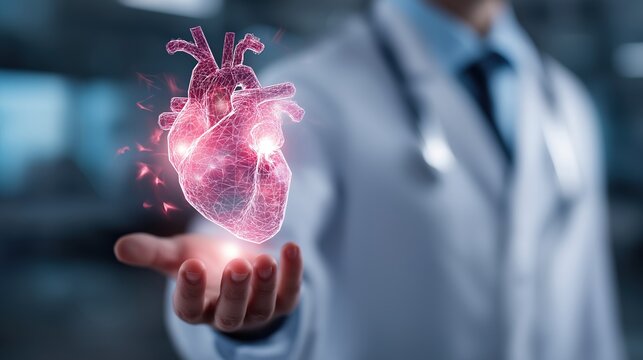 Closeup of doctor holding a glowing heart icon hologram, high-tech concept