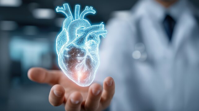 Closeup of doctor holding a glowing heart icon hologram, high-tech concept