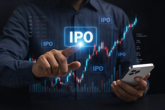 Businessman interacting with ipo stock market data on digital screen interface