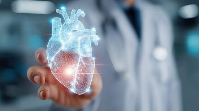 Closeup of doctor holding a glowing heart icon hologram, high-tech concept