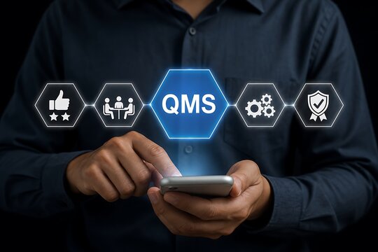 Businessman using smartphone with qms quality management system holographic interface