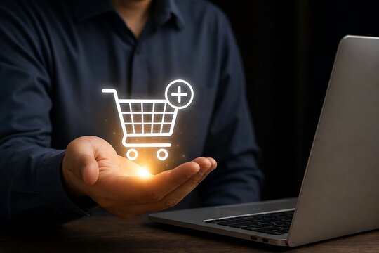 Hands holding glowing shopping cart icon over laptop for online business concept