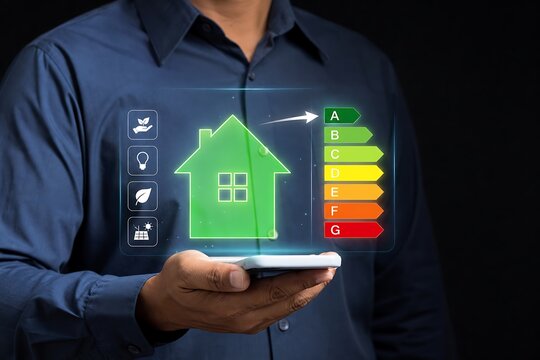 Man holding smartphone with glowing green eco house and energy rating display