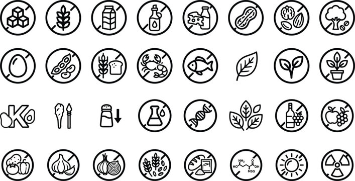 Food Allergen Free and Dietary Restriction Line Icon Set Featuring Gluten Free, Dairy Free, Sugar Free, Organic Vegan Symbols, and Healthy Nutrition Warning Labels Vector Graphics