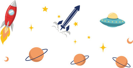 Space rocket launch and alien ufo planets vector set © Hossain