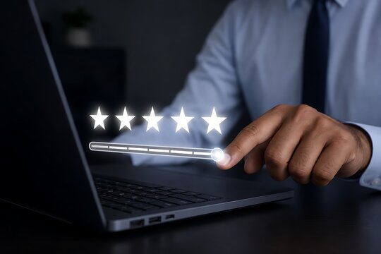 Businessman giving five star rating on laptop with glowing stars above screen