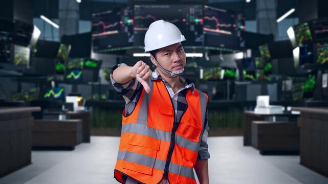 Asian Male Engineer With Safety Helmet Showing Thumbs Down Gesture And Shaking His Head While Standing at Financial Trading Control Room