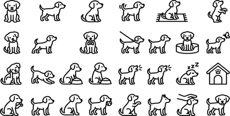 Obraz premium Cute Puppy Dog and Domestic Pet Behavior Line Icon Set Featuring Obedience Training Actions, Veterinary Care Symbols, Animal Kennels, and Friendly Canine Companion Vector Graphics