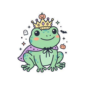 Cute Frog King with Crown and Halloween Decorations