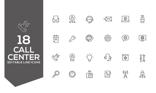 Call Center, Customer Support and Help Desk Line Icon Set
